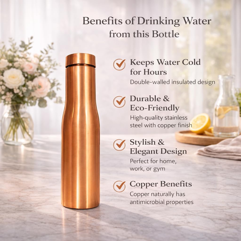 JAIPUR ACE Hammered Pure Copper Water Bottle with Glass Set | 100% Copper Bottle Set | Leak Proof, Ayurvedic Health Benefits, Premium Design Gift Set for Home, Office, Gifting (Plain Copper bottle)