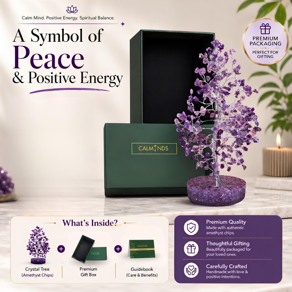 CALMINDS Amethyst Crystal Gemstone Money Tree Reiki Charged Feng Shui for Healing, Protection Spiritual Growth Chakra Balancing Positivity Home Décor Unique Gift for All Anniversary Birthday (25cm)