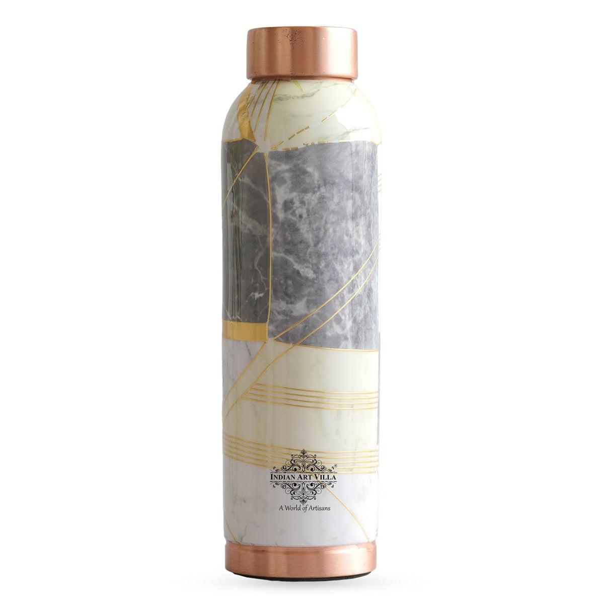 INDIAN ART VILLA Copper Gold Marble Print Copper Bottle, Copper Drinkware, Volume- 900 ML (Pack of 1)