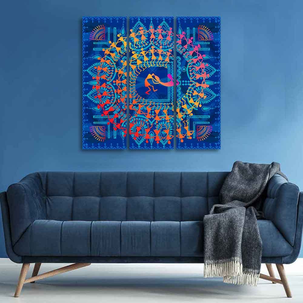 VIBECRAFTS Homcraft 3 Pieces Warli Art Canvas Wall Painting Fitted With Wooden Frame For Home | Office | Living Room | Gifts (PTVC3Pcs1_9509)