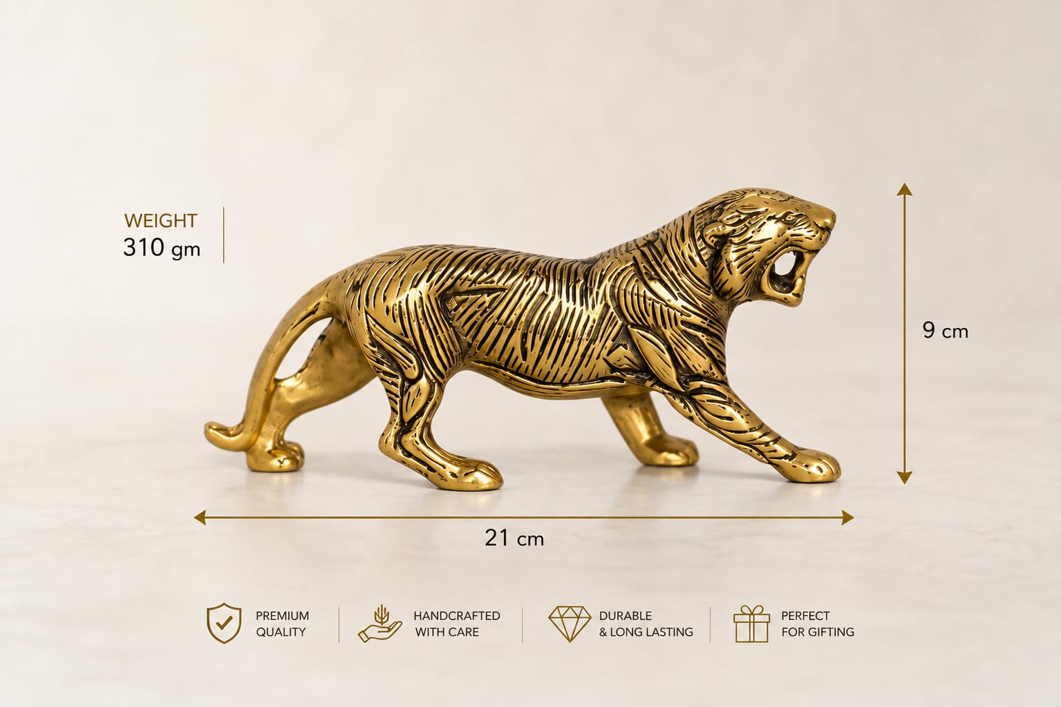 KridayKraft Golden Metal Antique Tiger 2 Pcs Set/Jaguar/Panther/Sher Figurine Table Top Decorative,Feng Shui & Vanstu,Animal Showpiece Figurines. Set of 2 pcs
