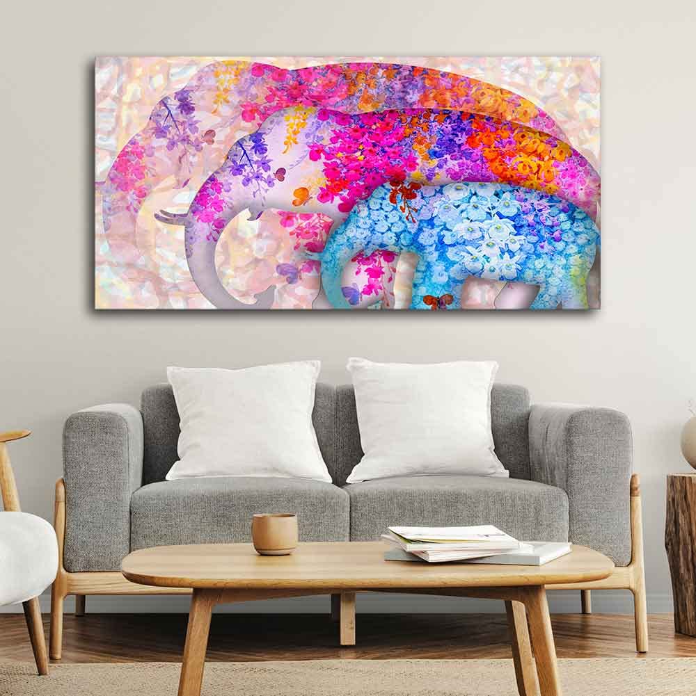 VIBECRAFTS Canvas Paintings for Living Room Drawing Room Three Abstract Art Elephants Canvas Wall Painting Fitted With Wooden Frame for Home | Office | Gift (PTVCH_2412N)