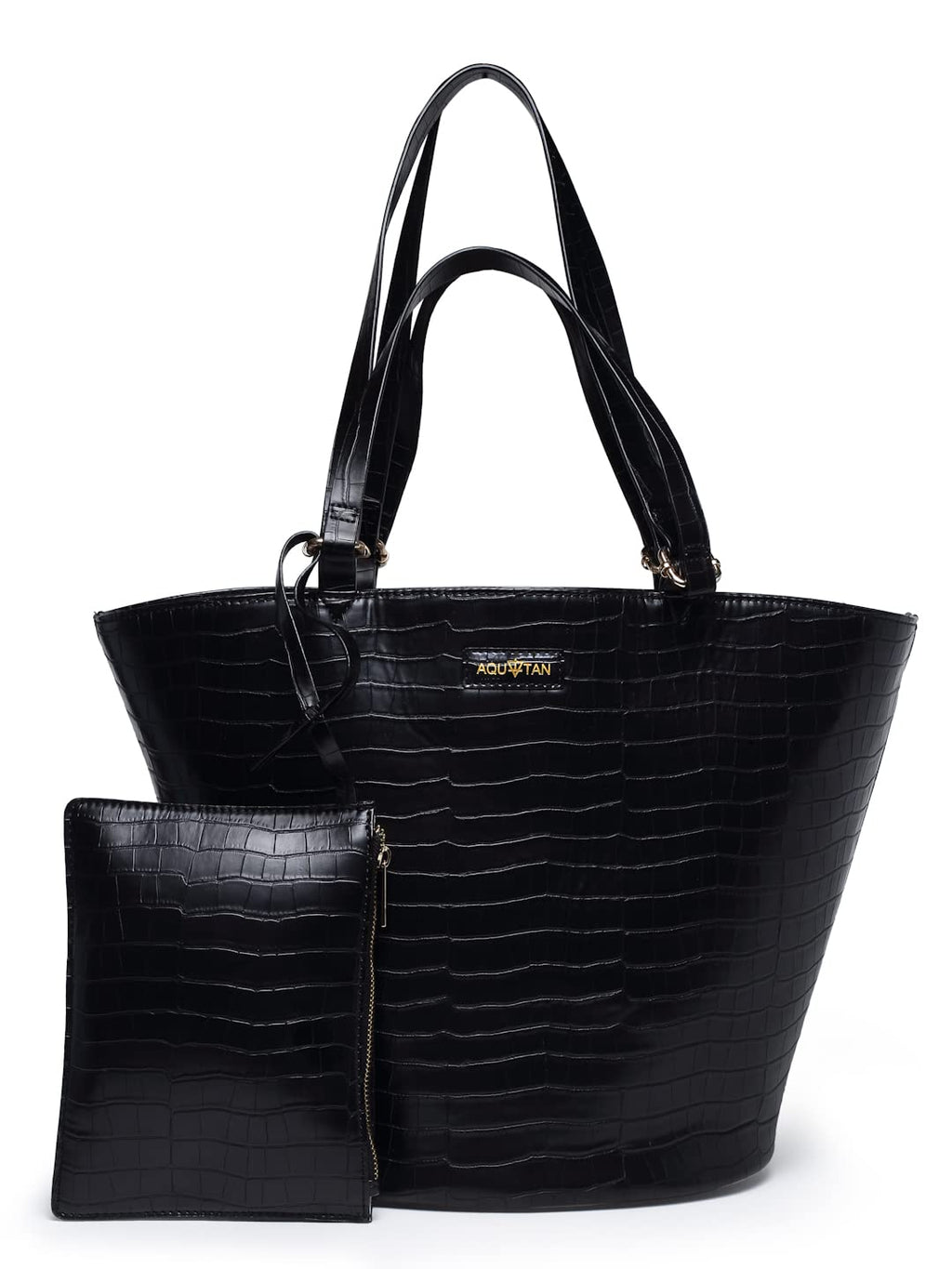 Aquatan Black Twin Handle Croco Textured Tote Bag – Spacious Faux Leather Handbag for Women – Ideal for Office & Casual Use