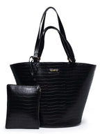 Aquatan Black Twin Handle Croco Textured Tote Bag – Spacious Faux Leather Handbag for Women – Ideal for Office & Casual Use