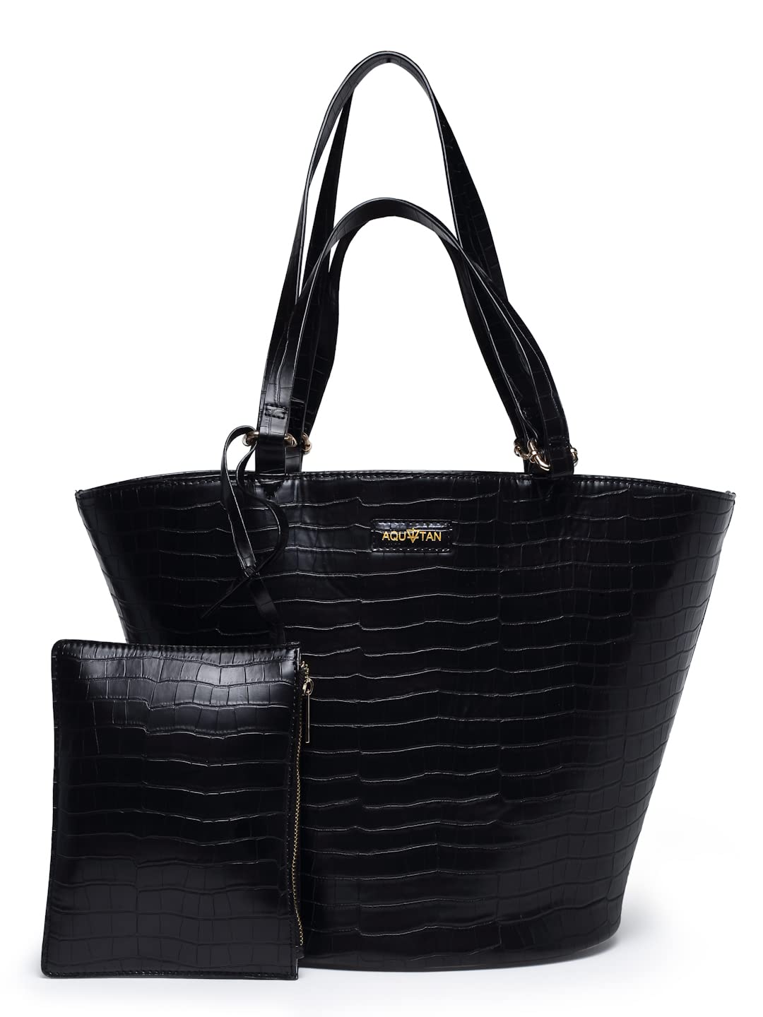 Aquatan Black Twin Handle Croco Textured Tote Bag – Spacious Faux Leather Handbag for Women – Ideal for Office & Casual Use