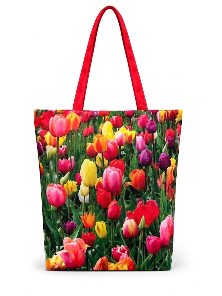 MINTHILL Canvas premium Tote Bag for Women with Zipper & liner, innerpocket Reusable Shoulder Bag for Shopping, Work, Travel, Daily Carry, Lightweight, Easy Care (Tulip Garden)