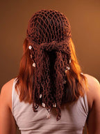 Hair Drama Co. Boho Crochet Scarf with Shell Charms For Women | Medium Size Brown Crochet Headscarf | Bohemian Bandana Scarves | Cotton Thread Headband Scarfs for All Seasons