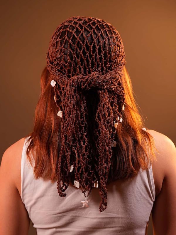 Hair Drama Co. Boho Crochet Scarf with Shell Charms For Women | Medium Size Brown Crochet Headscarf | Bohemian Bandana Scarves | Cotton Thread Headband Scarfs for All Seasons