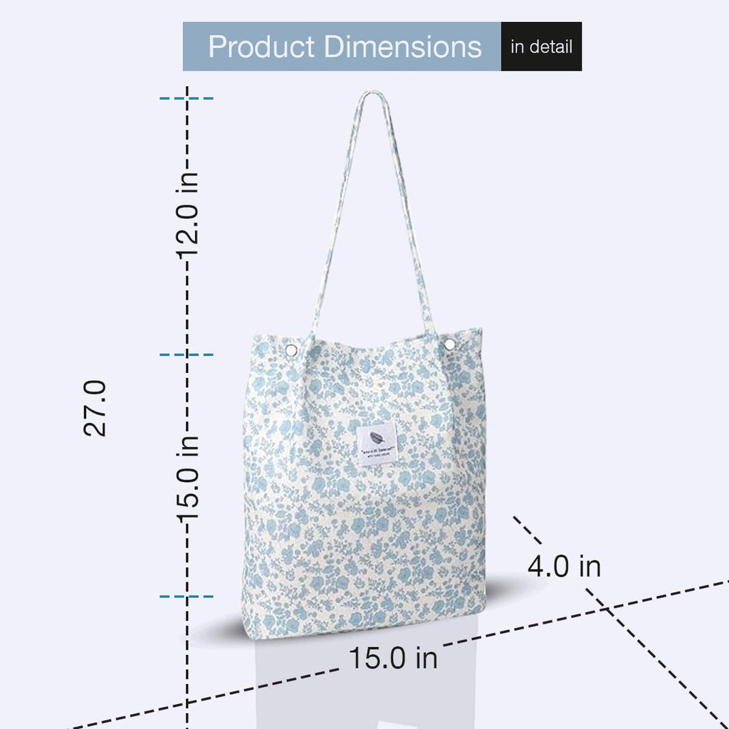 Lyrovo Women Corduroy Shoulder Tote Bag for Work Beach Travel and Shopping Grocery (Blue Flower)