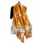 MALINA Floral Print polyester Silk Satin Stole, Orange with White Blossoms, Bamboo Leaf Pattern, Fashion Wrap Scarf,Summer Stole