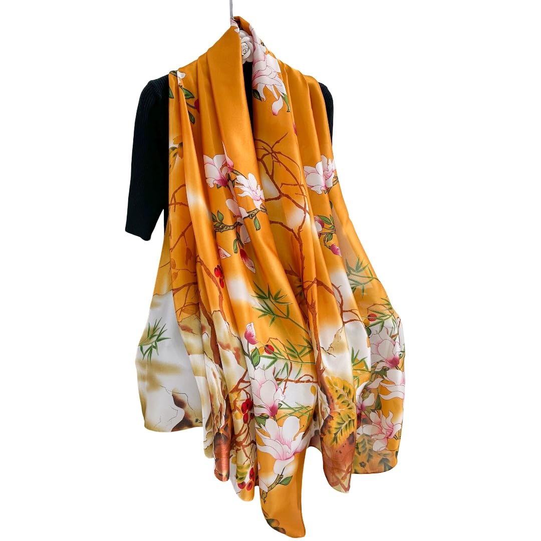 MALINA Floral Print polyester Silk Satin Stole, Orange with White Blossoms, Bamboo Leaf Pattern, Fashion Wrap Scarf,Summer Stole