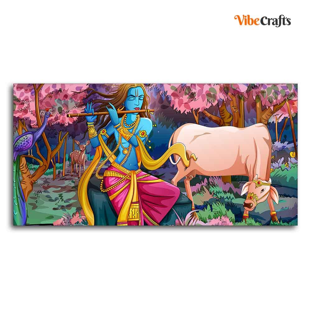 VIBECRAFTS Canvas Paintings for Living Room Drawing Room Krishna Playing Flute Pink Trees in Background Canvas Wall Painting Fitted with Wooden Frame for Home|Office|Gift(PTVCH_2273)