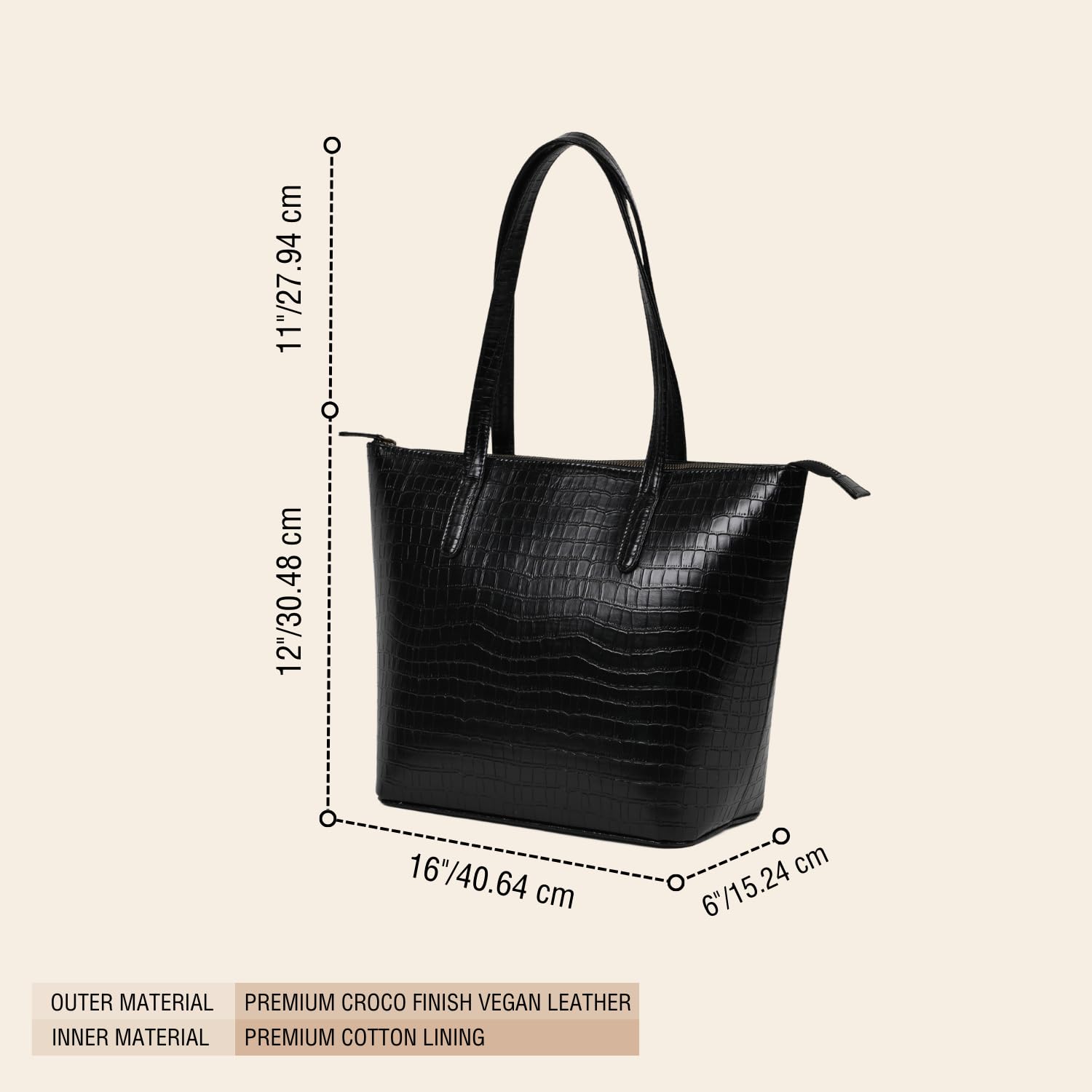 The Gusto Colossal - Premium Vegan Leather Tote Bag for Women, Big Size, Black | Stylish Handbag for women with Zip Closure | Fit for Office Bag, College, Travel Use | Handcrafted in India