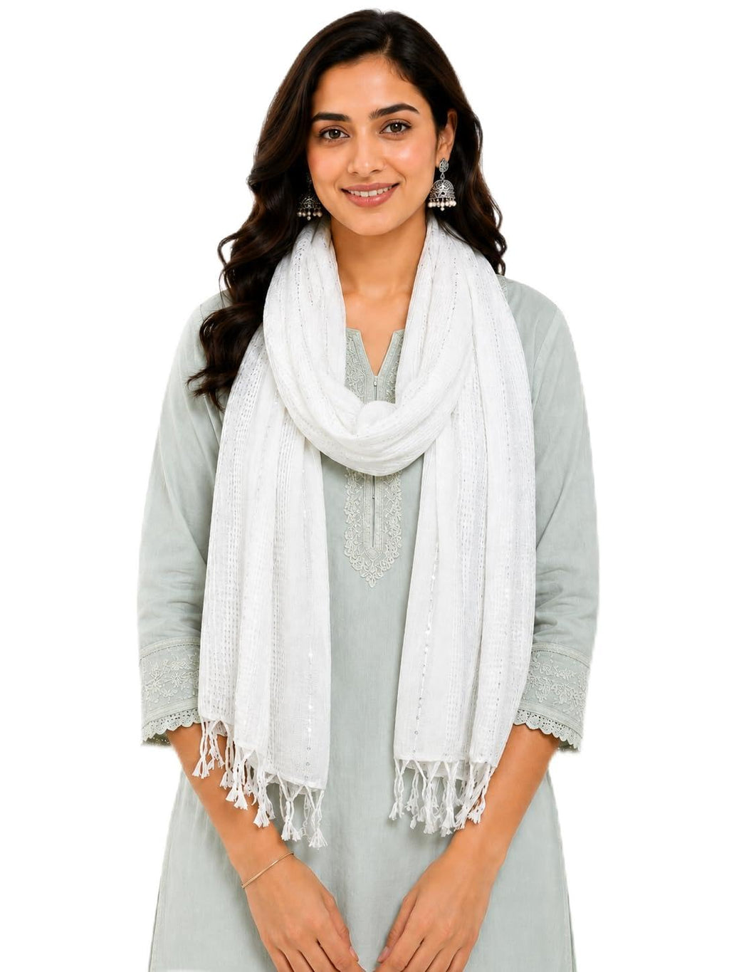 URBAN LADIIIZ Solid Sequin Stole with Tassels for Women & Men – Soft Lightweight Rayon Fabric | Available in 10+ Colours (WHITE)