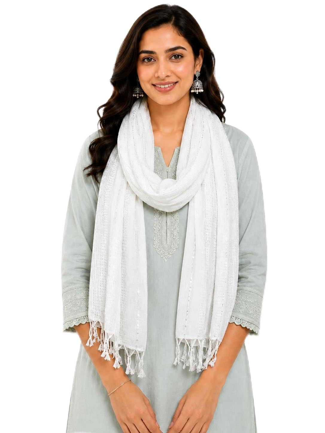 URBAN LADIIIZ Solid Sequin Stole with Tassels for Women & Men – Soft Lightweight Rayon Fabric | Available in 10+ Colours (WHITE)