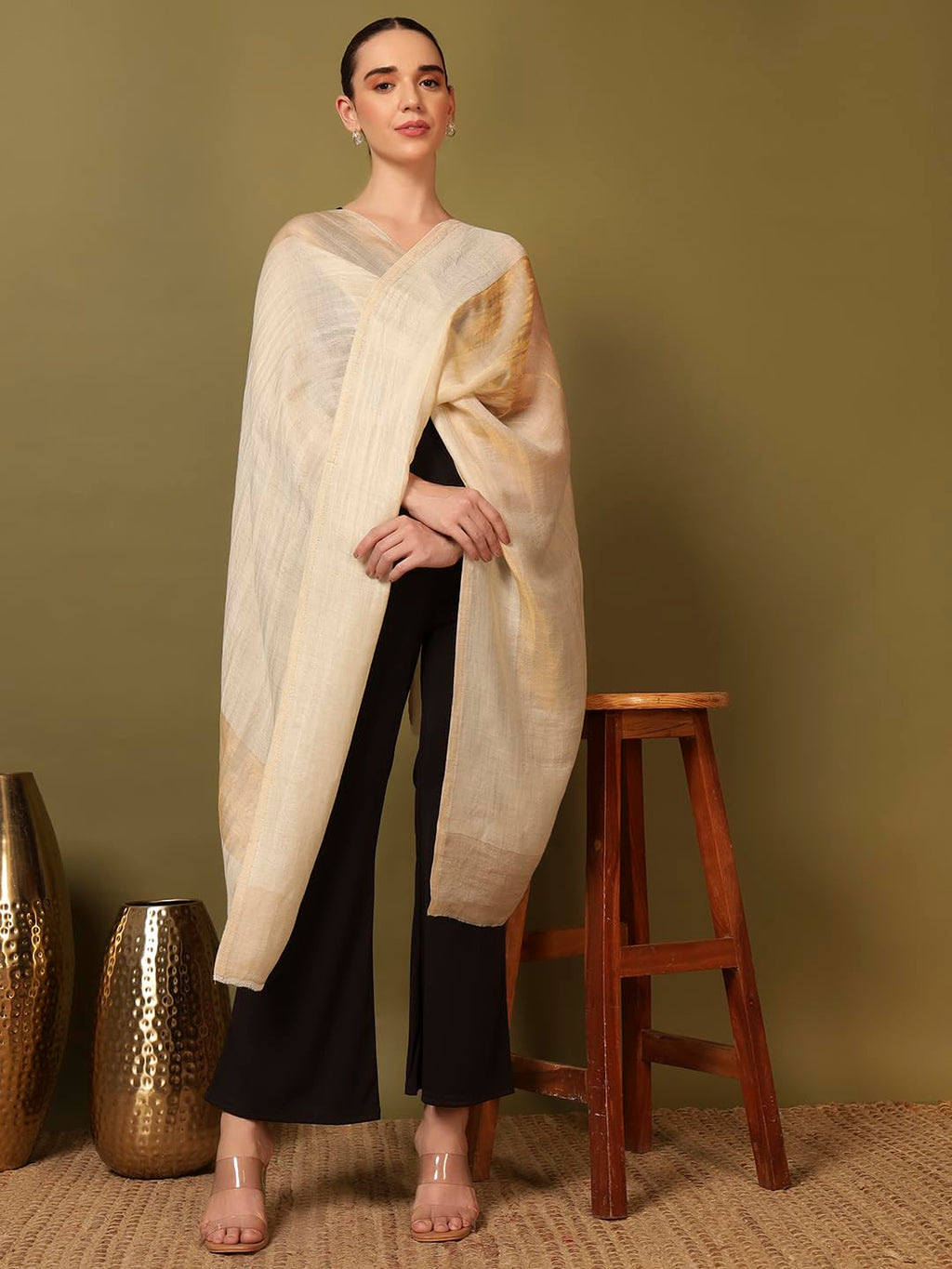 Pashmoda Women Midnight Bronze Reversible Zari Moonlight Fine Wool Stole (Size : 28x80in, 71X203cm) ZSST04