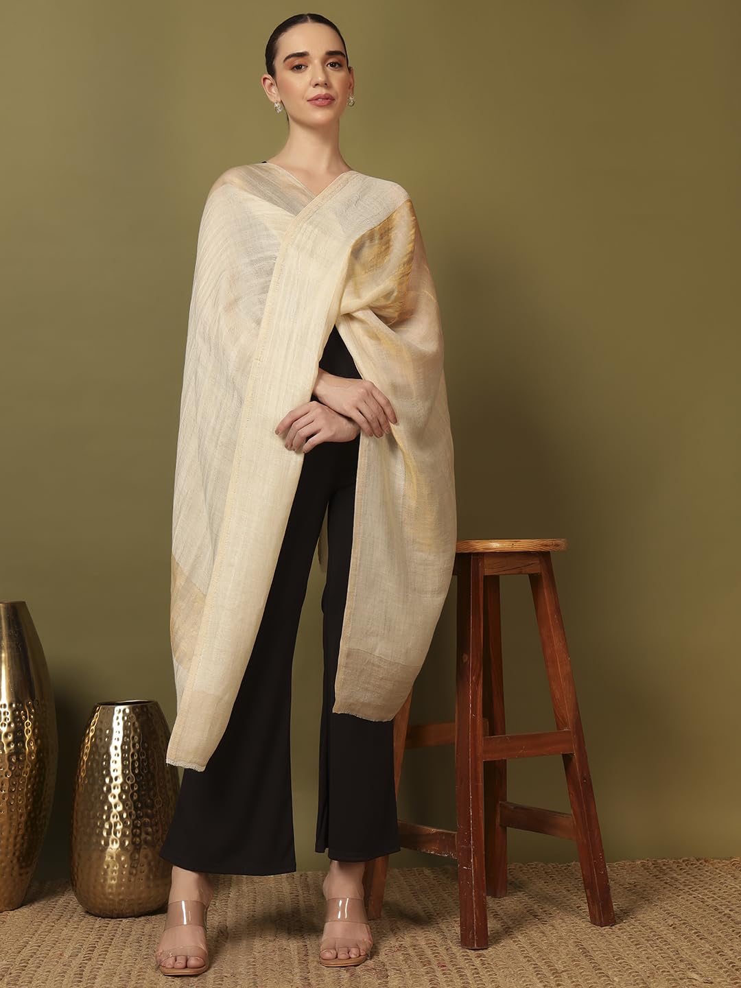 Pashmoda Women Midnight Bronze Reversible Zari Moonlight Fine Wool Stole (Size : 28x80in, 71X203cm) ZSST04