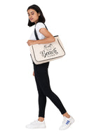 AQVA Women & Men Cotton Tote Bag | Black and White Collection Printed Handbag Shoulder Bag with Zipper and Inner Zip Pocket for Grocery, Shopping, Travel, Work, Beach Lunch (16 X 12.5 X 5_Beach)
