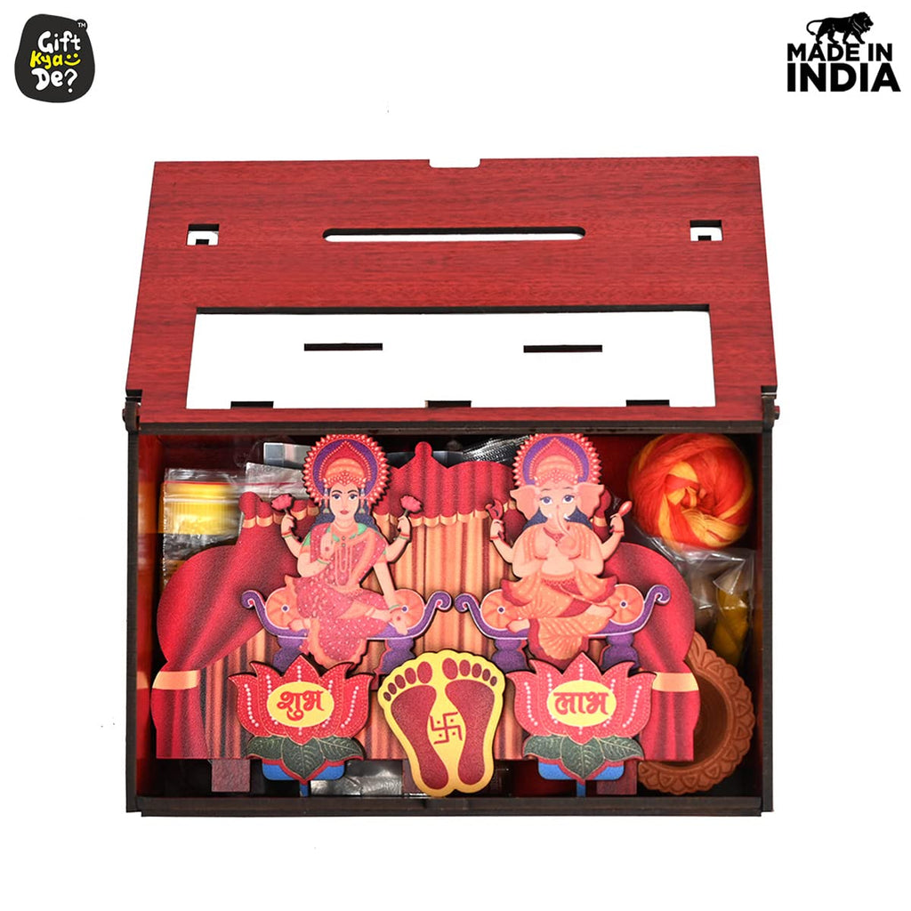 GKD Gift Hamper Special Mini Mandir with Pooja Samagri & 2 Diya's/Wooden Gift Box with Storage DIY Temple Traditional Design with Space, Hanging Mandir (Color Big Size)