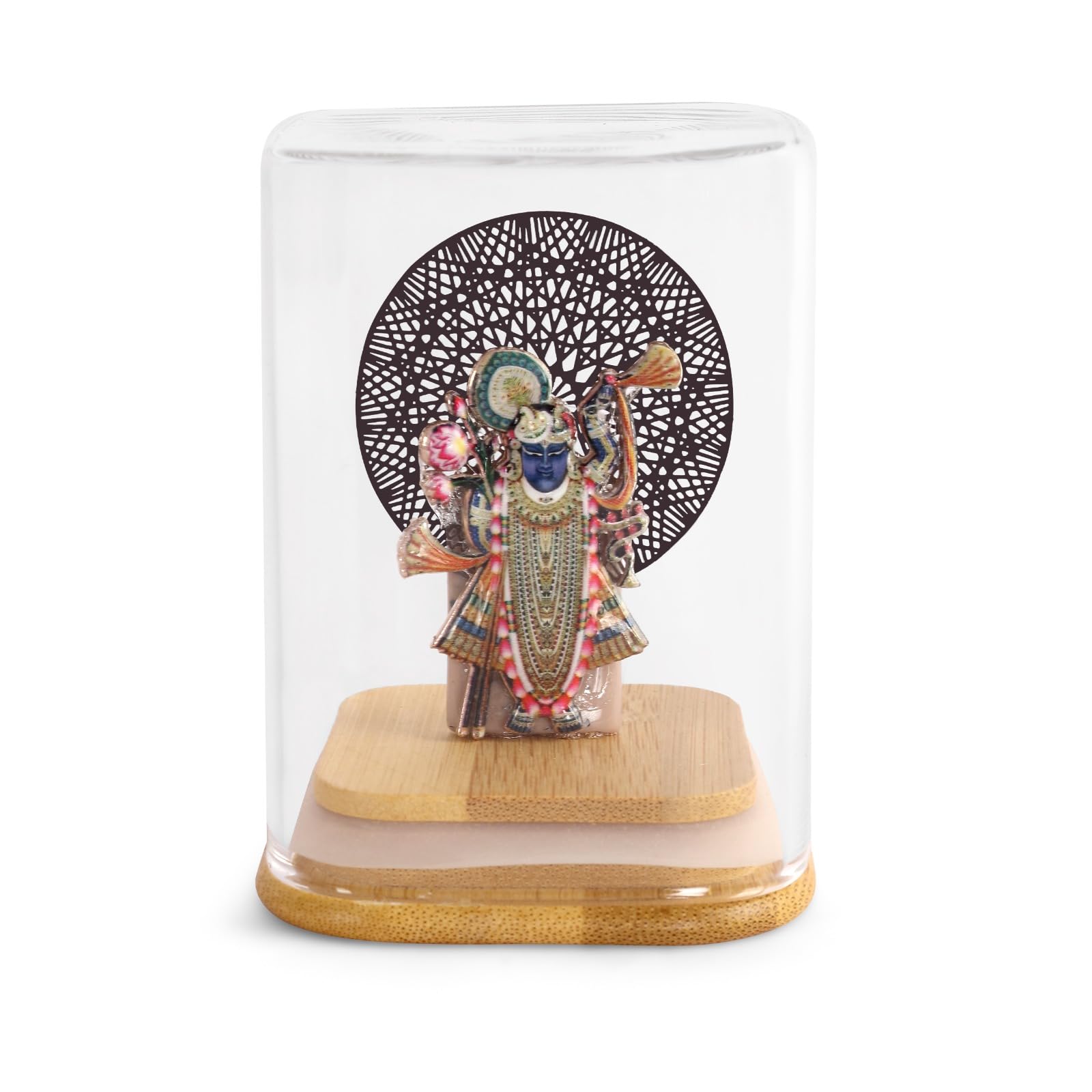 SHREENATHJI 3D Metal Figurine with Glass Dome, Wooden Base, Decorative Tree Backdrop, Religious Home Decor CAR Dashboard Office Table TOP