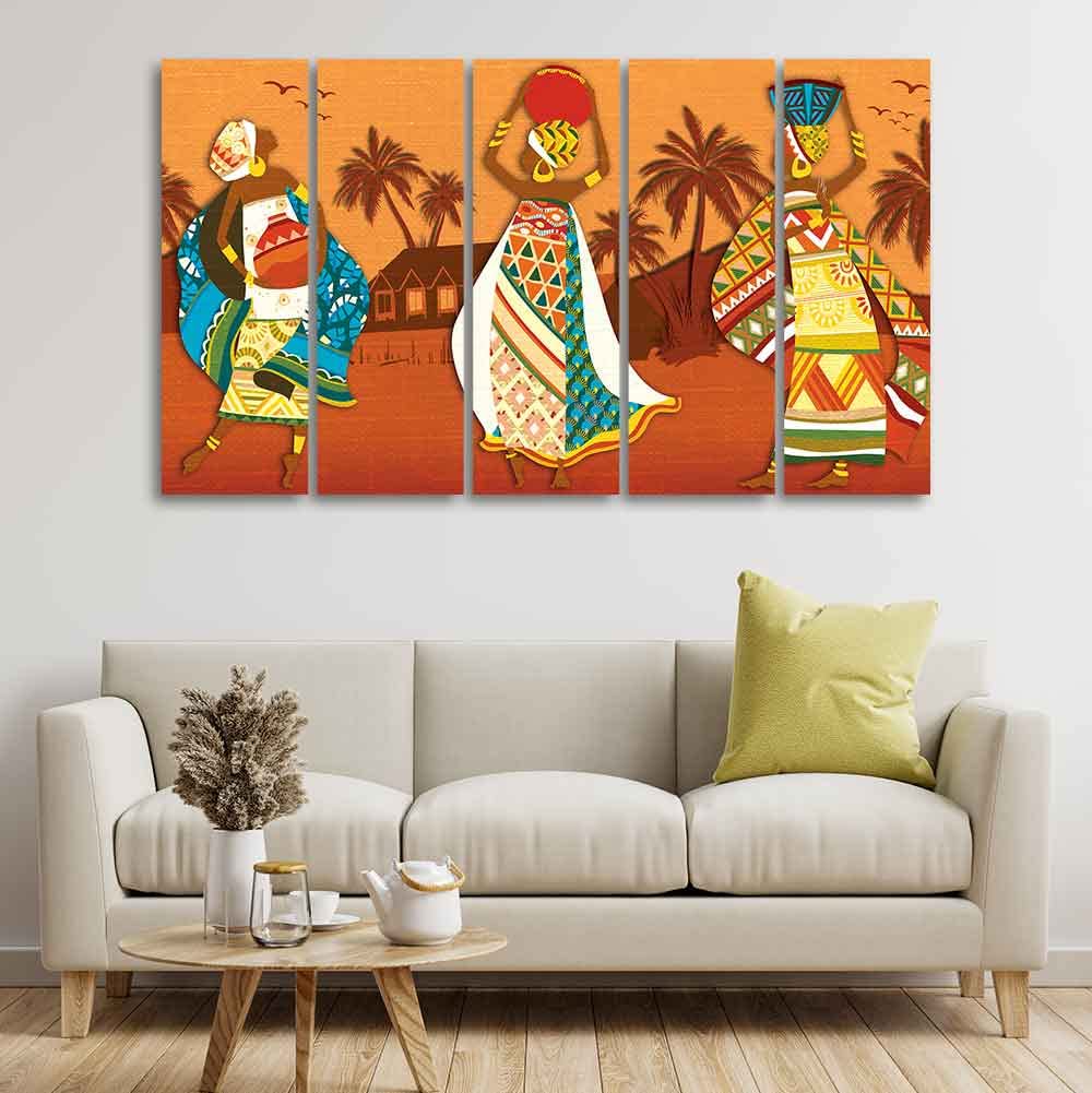 VIBECRAFTS Premium Canvas Wall Painting of African Lady Dancing Set of Five For Home|Office|Living Room|Gift (PTVC5Pcs4_8679)