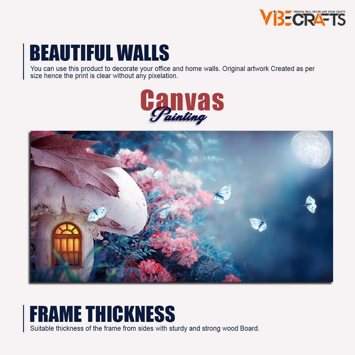 VIBECRAFTS Canvas Paintings for Living Room Drawing Room Beautiful Wall Painting of Mushroom House in Enchanted Fairy Tale Forest Fitted with Wooden Frame for Home|Office|Gift(PTVCH_2297NV)