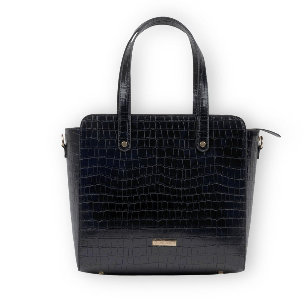 The Gusto Beyond+ Croco Mini-Premium Faux Leather Small Tote Bags For Women Stylish Handbag For Women With Zip Closure Fit For Office Bag, College, Casual Use Handcrafted, Cruelty Free, Black