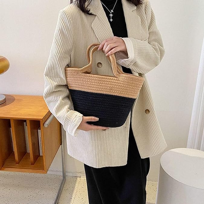 BEAUTIFUL HOMMIES Attractive Hand Bag |large Tote Bag |Summer Bag | Bucket Bag | Basket Bag | Bamboo Tote | Beach Bags for Women|Boho Bag|Handbag |Jute Bag |Handmade Bag (BEIGE AND BLACK SYYLISH)