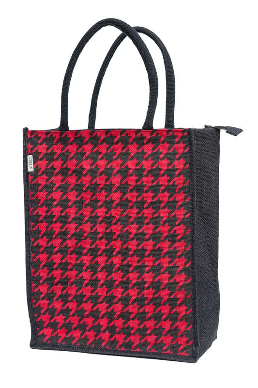 JUTEKA Red Houndstooth Printed Jute Bag for Lunch, Grocery, Tote, Hand, Picnic - for Men, Women, Girls, Kids with Zip