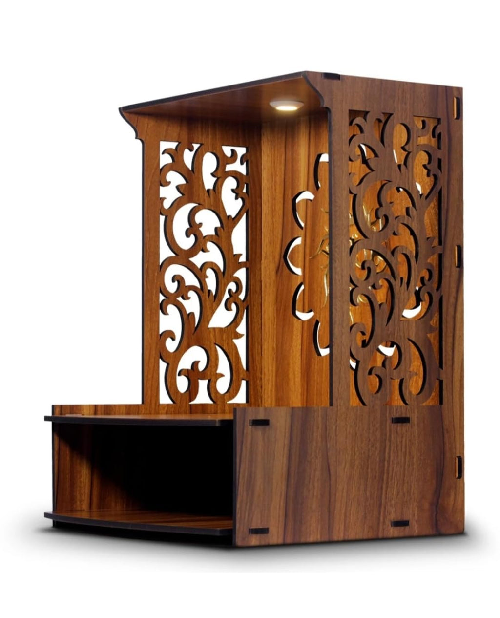 Aquatic Craft Home Wooden Temple with Light, Designer Spacious Pooja Mandir, Warm White LED Lighting, Pre-Assembled Pine Wall/Table Temple, Brown, Medium