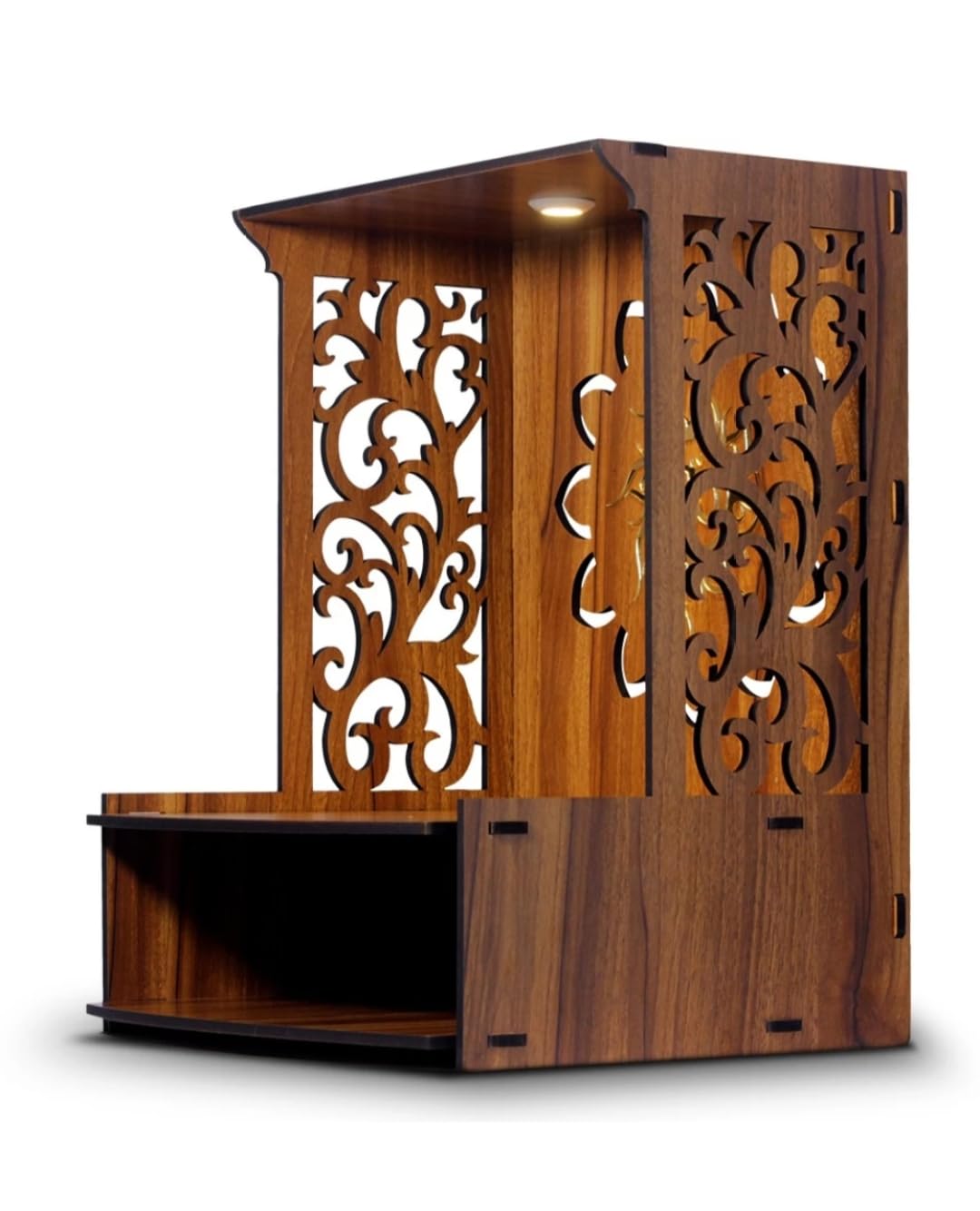 Aquatic Craft Home Wooden Temple with Light, Designer Spacious Pooja Mandir, Warm White LED Lighting, Pre-Assembled Pine Wall/Table Temple, Brown, Medium