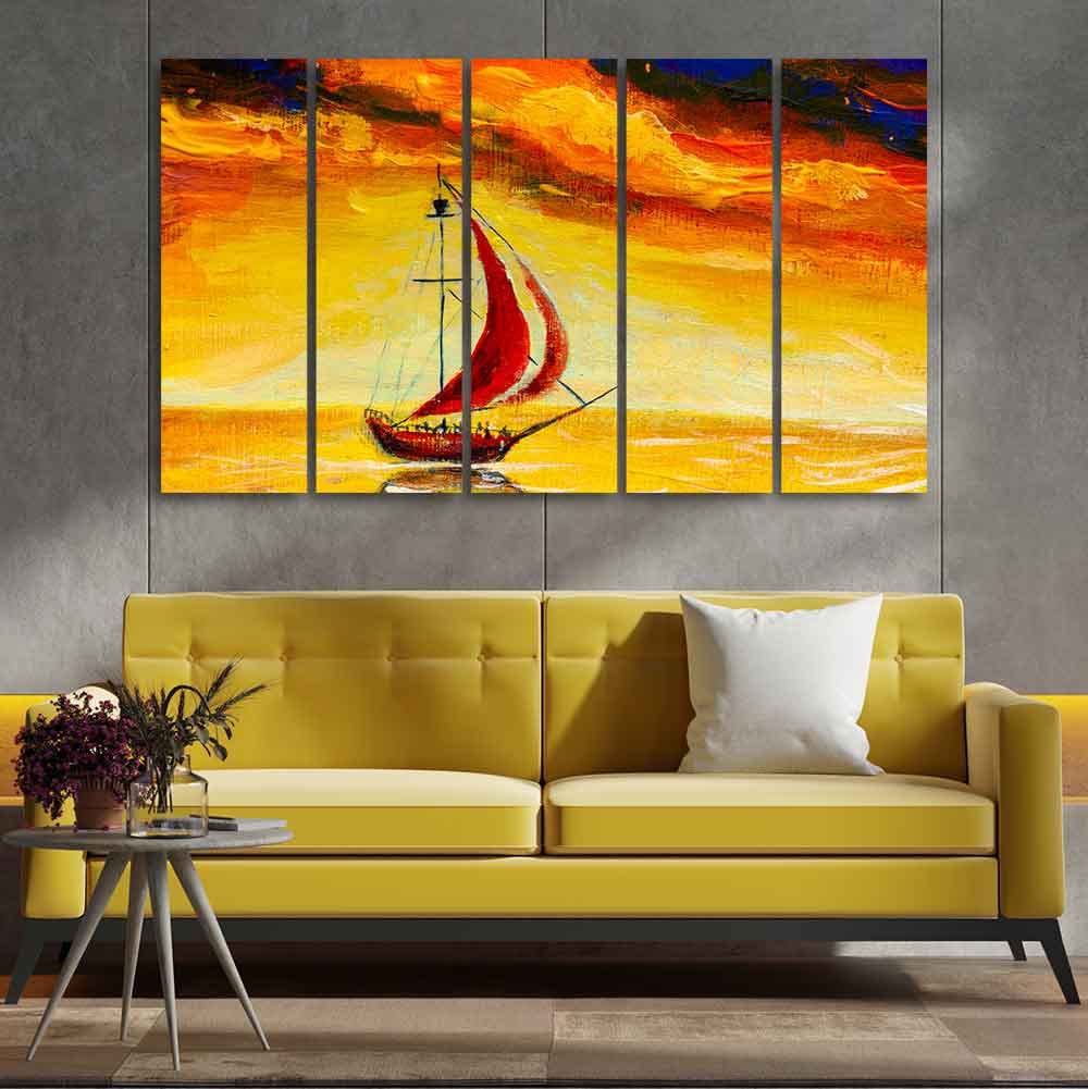 VIBECRAFTS Sailing Ship with Red Sails Five Pieces Wall Painting For Home|Office|Living Room|Gift (PTVC5Pcs4_8653)