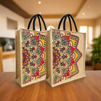 JuteLuv-Jute Bag with designer print | Shopping Bag | Office bag | Tiffin Bag | Multipurpose | Eco Friendly with Zip| Soft cotton handles|Spacious| Water resistant with heavy Jute Fabric (Pack of 5)