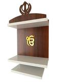 Wooden Wall Mount Temple with Khanda Design, 3-Tier White Shelves, Brown Backboard with Golden Ek Onkar Symbol, Sikh Wooden Temple, Home Temple