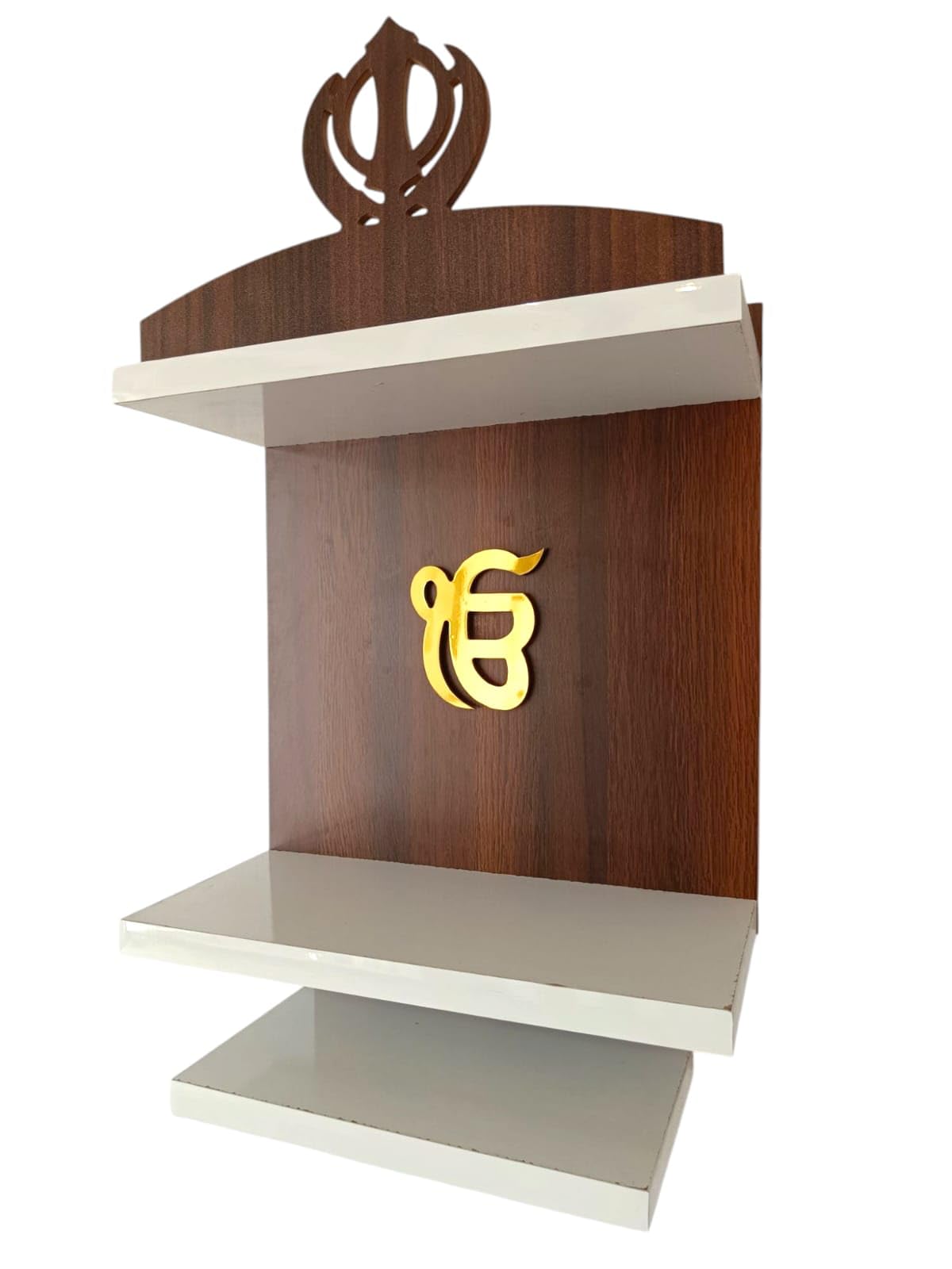 Wooden Wall Mount Temple with Khanda Design, 3-Tier White Shelves, Brown Backboard with Golden Ek Onkar Symbol, Sikh Wooden Temple, Home Temple
