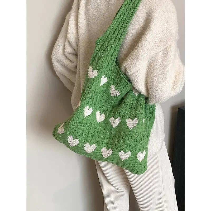 Kawn® Premium Knitted Heart Pattern Tote Bag Large Stylish and Durable Trendy bag for Everyday Use Beach Shopping Travel Work – Comfortable and Trendy Design (Green)