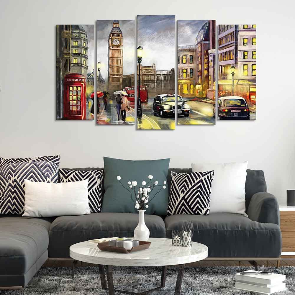 VIBECRAFTS Street View of London Canvas Wall Painting Set of Five Pieces For Home|Office|Living Room|Gift (PTVC5Pcs2_6533)
