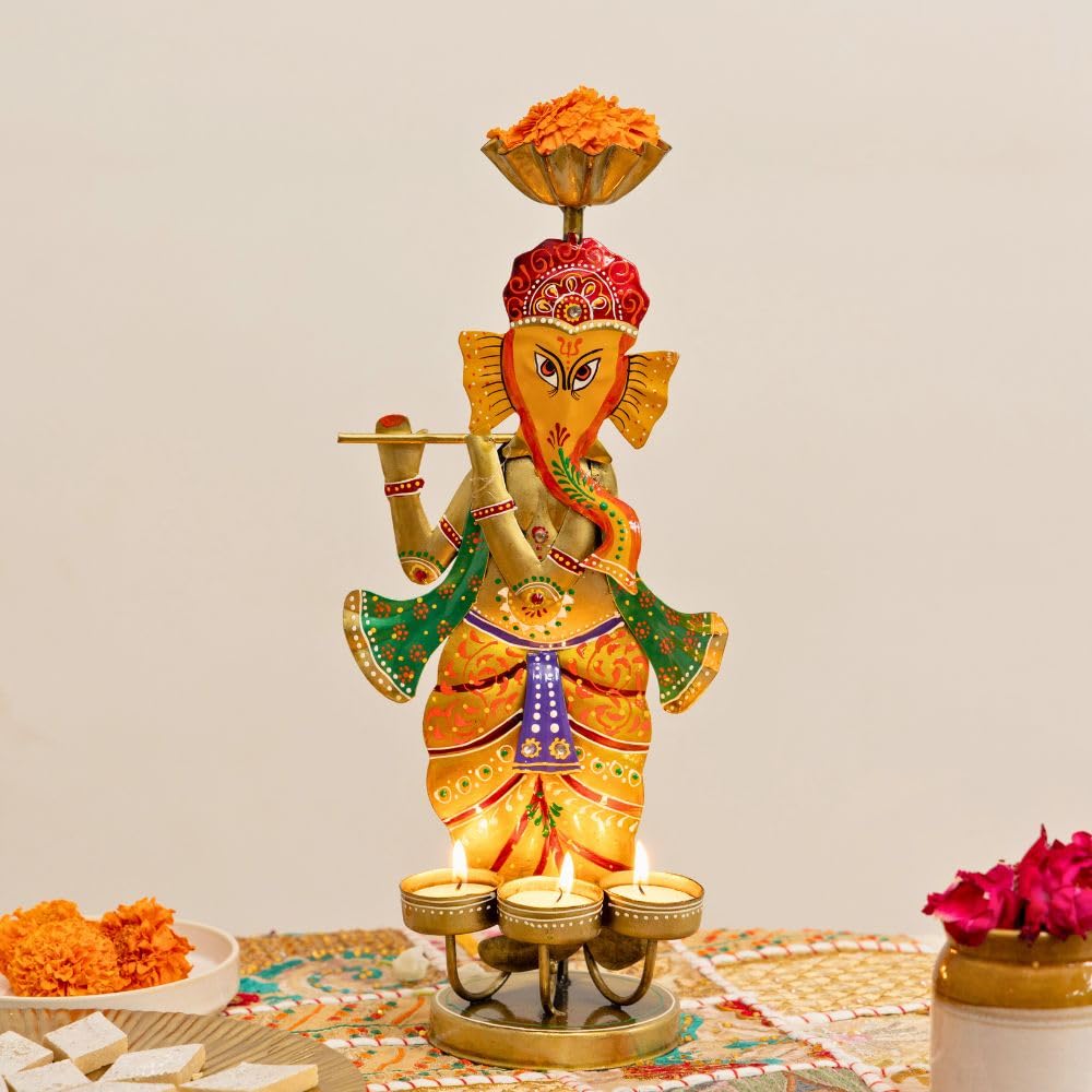 ATRANGI STUDIO Ganesha Iron Tealight Holder | Handcrafted Festive Decor | Designer Tealight Candle Holder | Hold 3 tealight Candles | Perfect for Pooja Shelf, Side Table & Gifting | 13 Inch