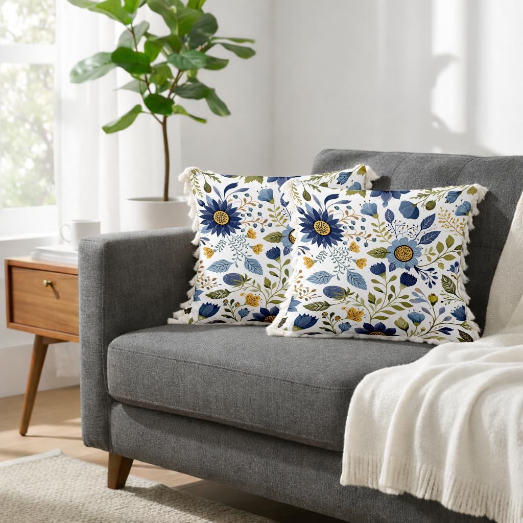 STITCHNEST 'Little Meadow Series' Tassled Cushion Cover | Set of 2 | Floral Cushion Cover 16 inch x 16 inch