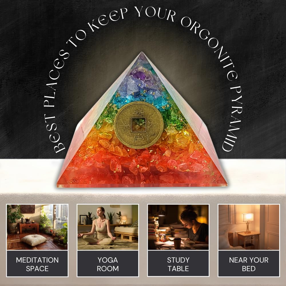 CALMINDS 7 Chakra Crystal Pyramid for Positive Energy, Natural Healing Crystal Pyramid with Feng Shui Coin, Reiki Charged Vastu Decor for Home Office Meditation Yoga Gift