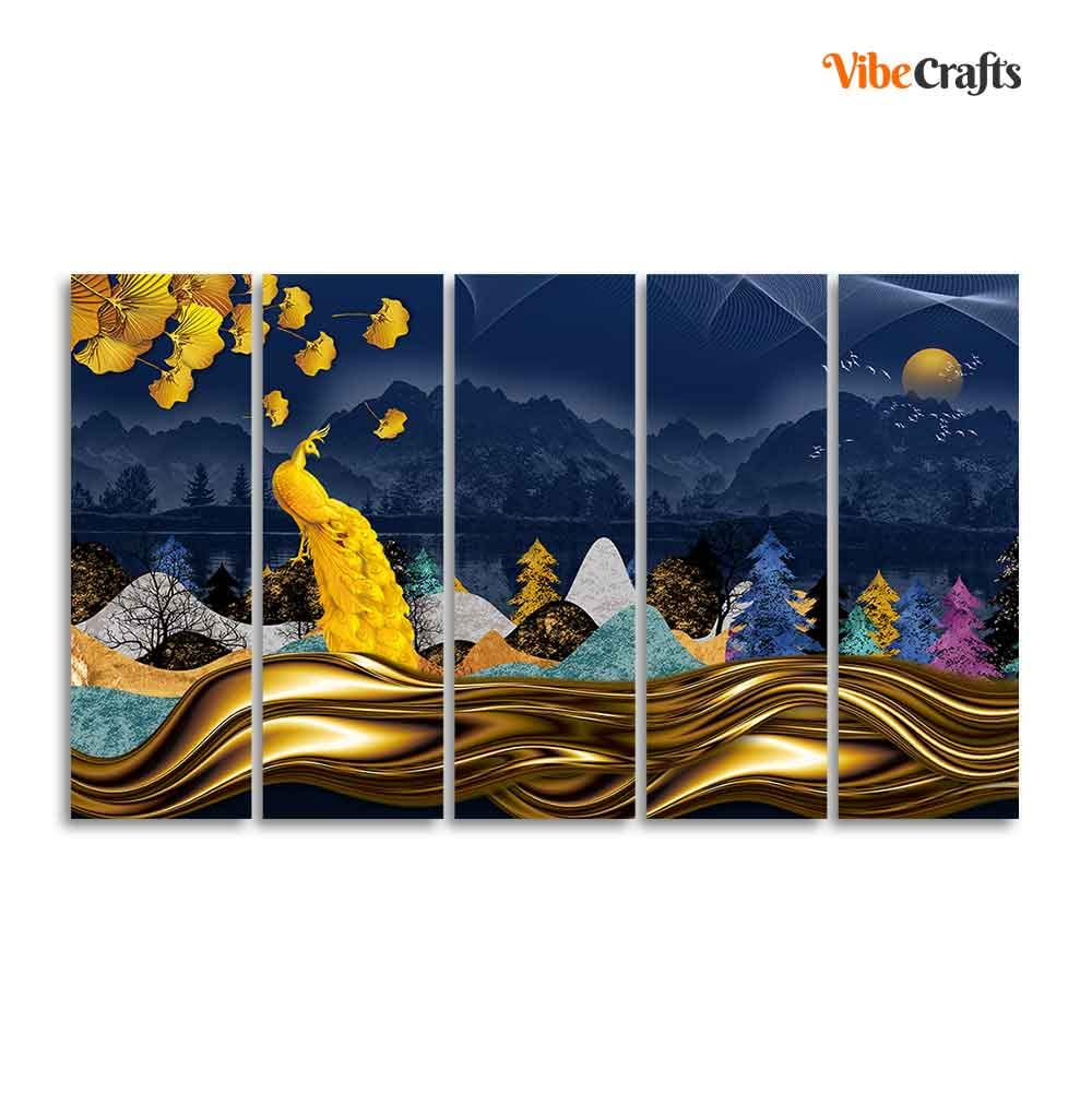 VIBECRAFTS Golden Peacock in Forest Premium Wall Painting Set of Five For Home|Office|Living Room|Gift (PTVC5Pcs4_8584)