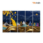VIBECRAFTS Golden Peacock in Forest Premium Wall Painting Set of Five For Home|Office|Living Room|Gift (PTVC5Pcs4_8584)