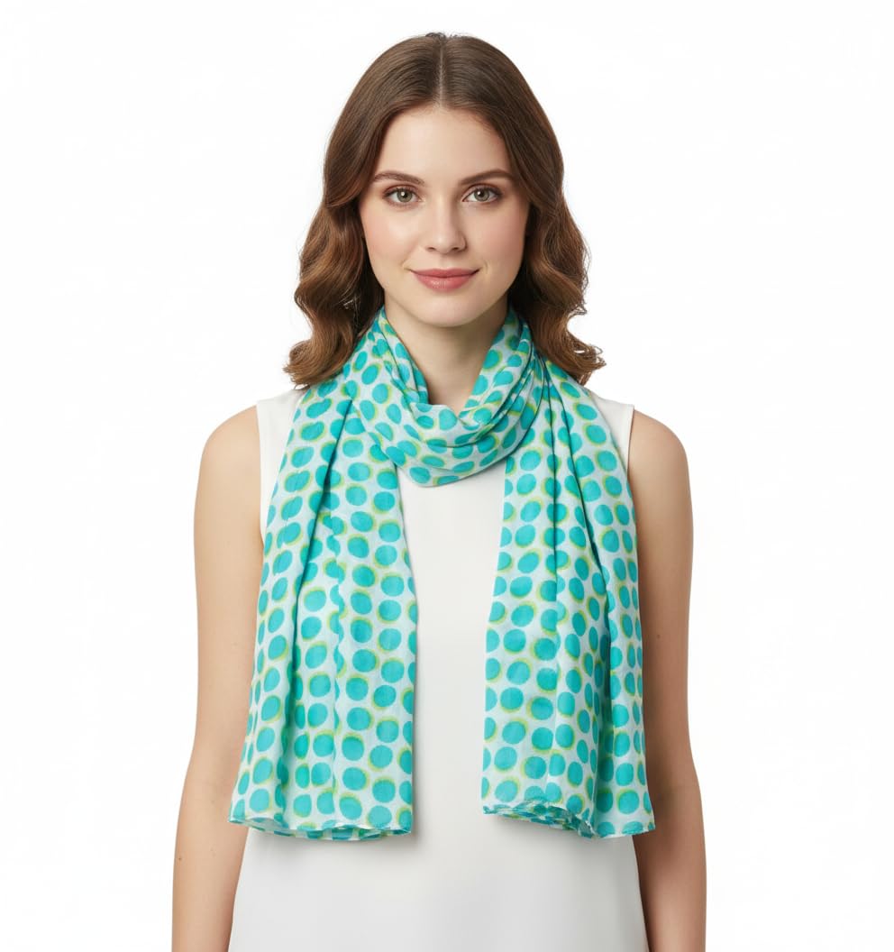 Fabtone Women’s 100% Soft Cotton Scarf/Stole White Turquoise Polka Dot Pattern – Lightweight, Accessory for Neck Covering – 100 x 180 cm