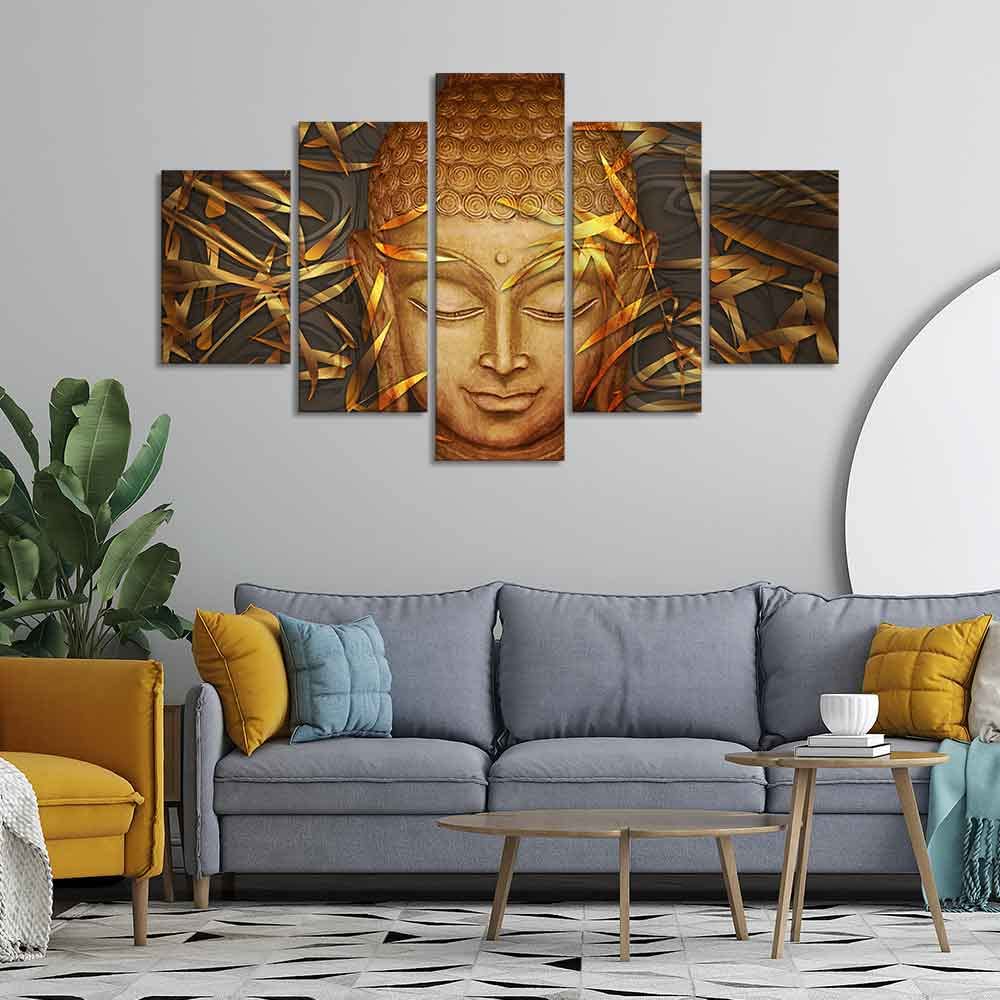 VIBECRAFTS Gautam Buddha with Serene Smile Wall Painting of Five Pieces For Home|Office|Living Room|Gift (PTVC5Pcs1_5537)
