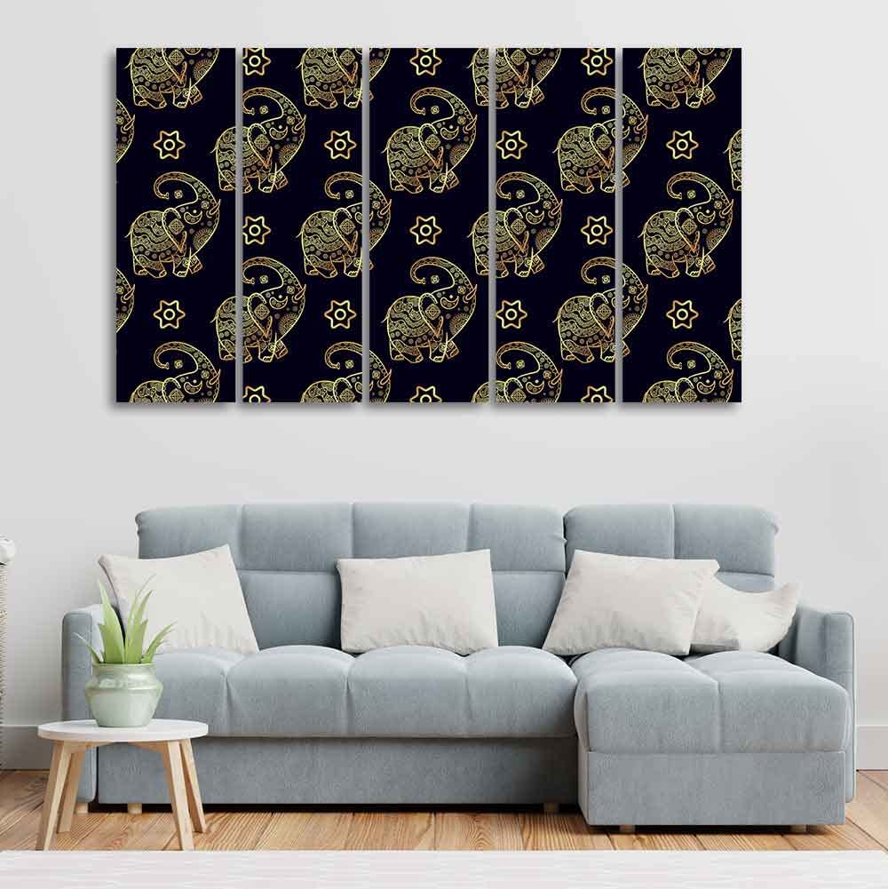 VIBECRAFTS Beautiful Elephant Madhubani Art Wall Painting Set of Five For Home|Office|Living Room|Gift (PTVC5Pcs4_8571)