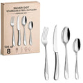 ANH MART Mirror Finish Silver Plated Stainless Steel Flatware Set Copper Silverware Set Rose Gold Spoon Color Cutlery Set [Dinner Fork-Tea Spoon-Salad Spoon-Knife] Set of (Silver DOT, 8)