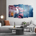 VIBECRAFTS Mushroom House in Enchanted Fairy Tale Forest Wall Painting of Five Pieces For Home|Office|Living Room|Gift (PTVC5Pcs2_6560)