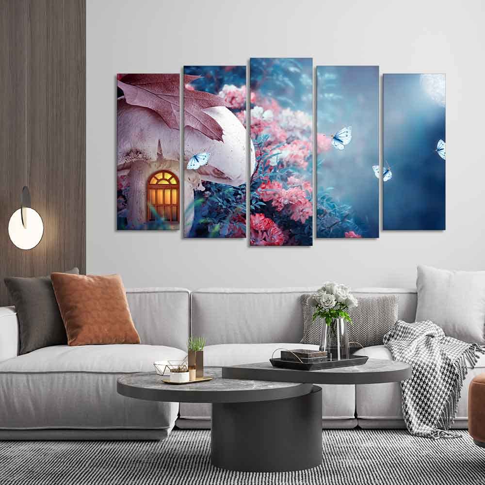 VIBECRAFTS Mushroom House in Enchanted Fairy Tale Forest Wall Painting of Five Pieces For Home|Office|Living Room|Gift (PTVC5Pcs2_6560)