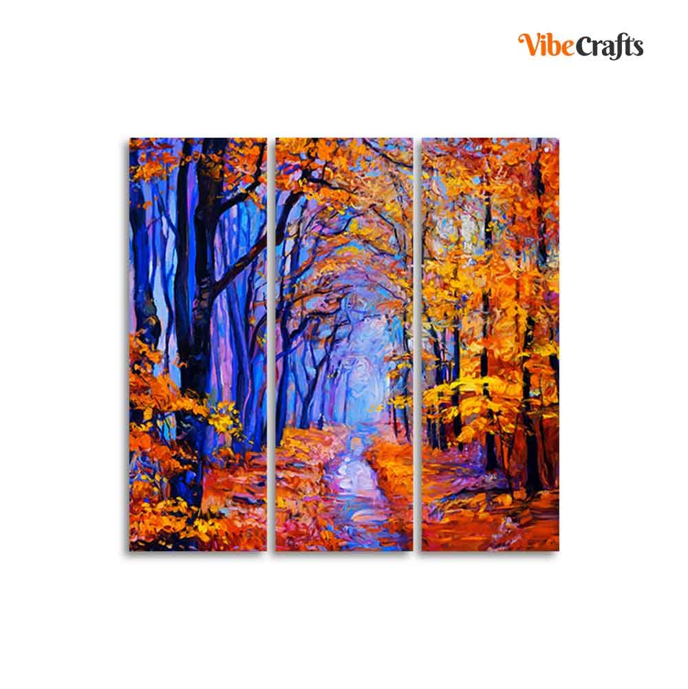 VIBECRAFTS Beautiful Forest 3 Pieces Canvas Wall Painting Fitted With Wooden Frame For Home | Office | Living Room | Gifts (PTVC3Pcs1_9511)