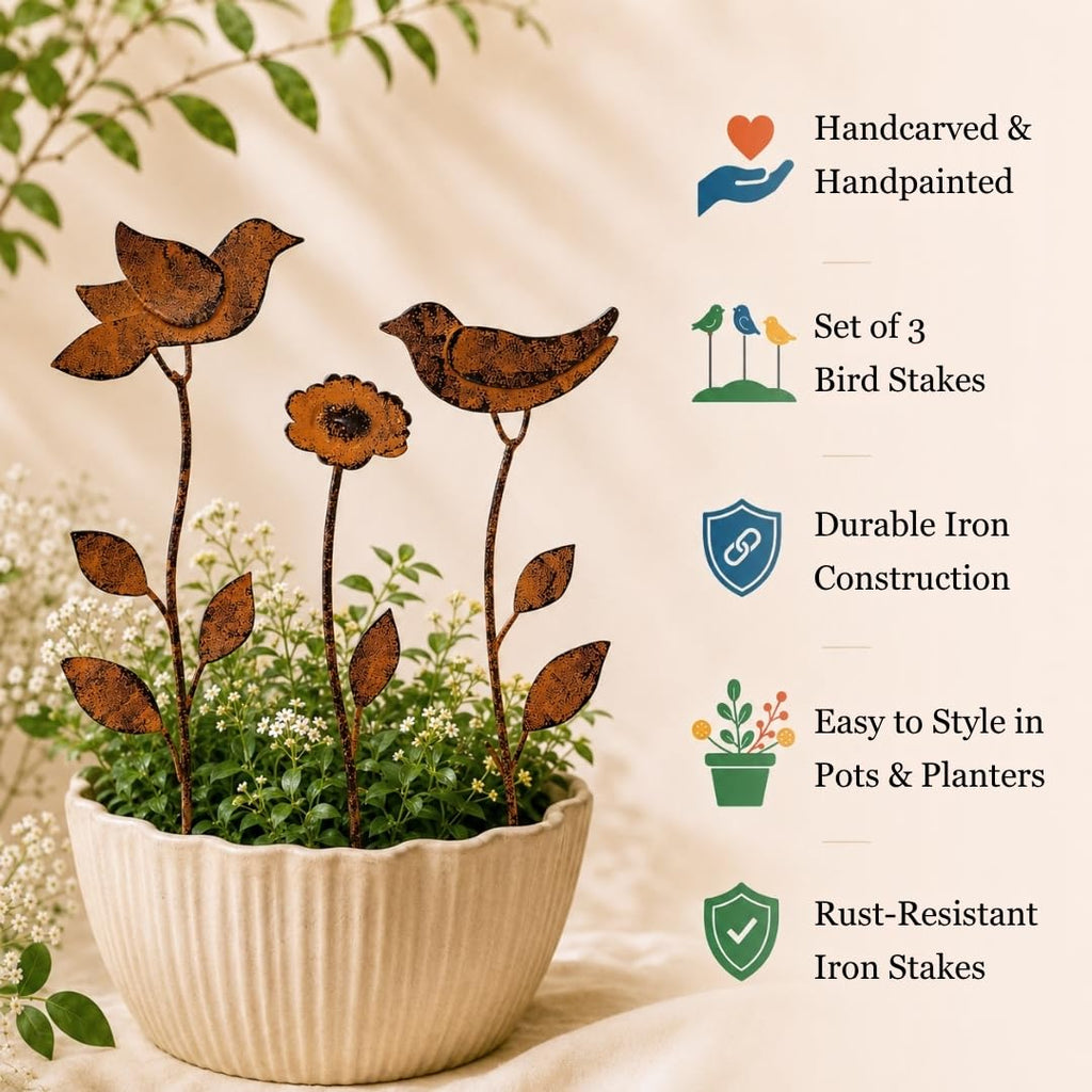 ATRANGI STUDIO Birdie Bloom Garden Stake - Set of 3| Handcrafted by Rajasthan artisans | Boho Garden/Balcony Decor | Easy to use in pots, patios, lawns | Multicolour
